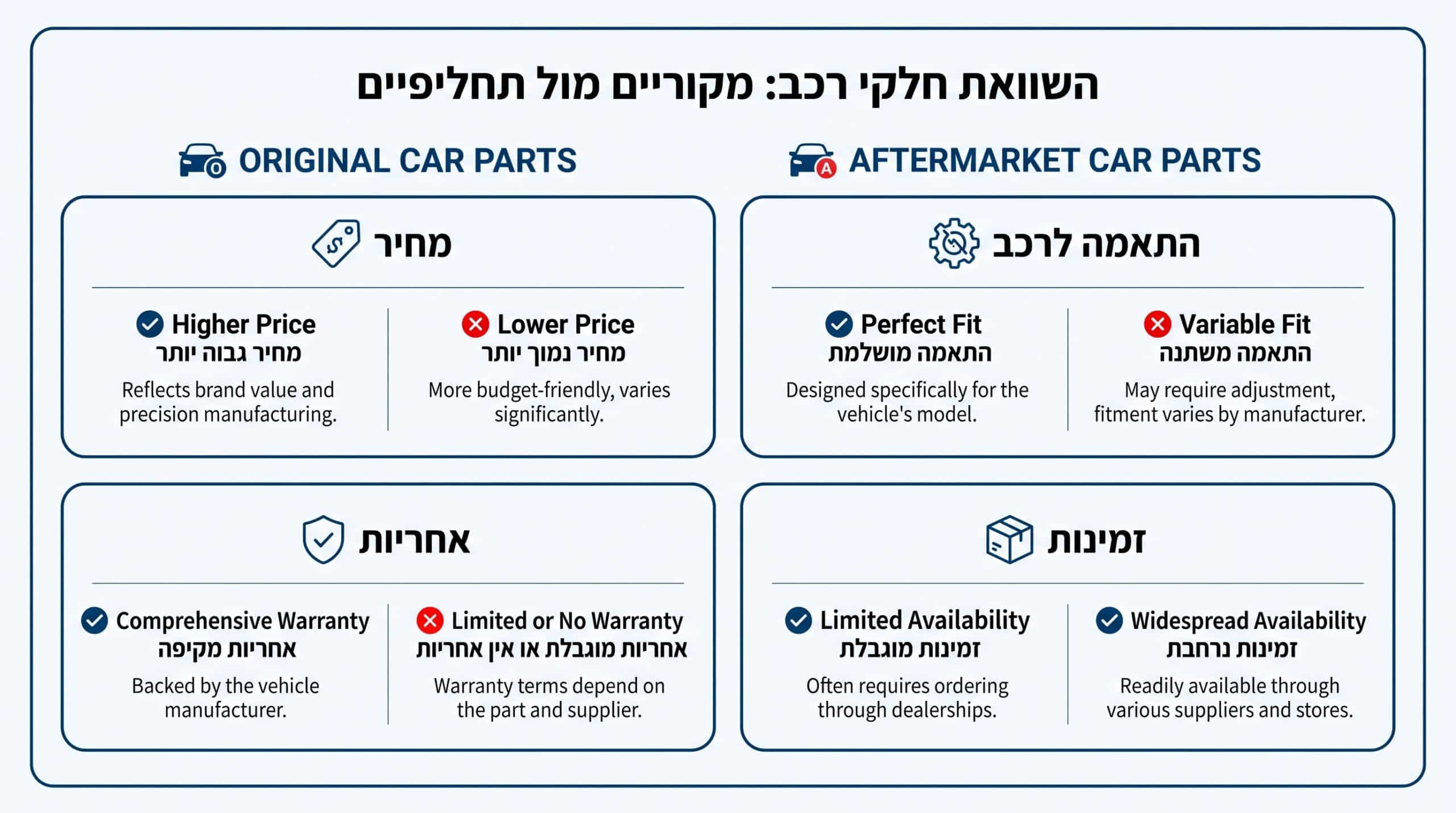 השוואה בין חלקים מקוריים לחלקים תחליפיים לרכב